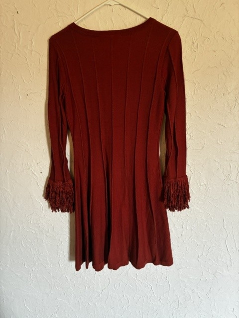 Nina Leonard Rust Knit Fit-and-Flare Dress with Fringe Sleeves - Picture 3 of 9